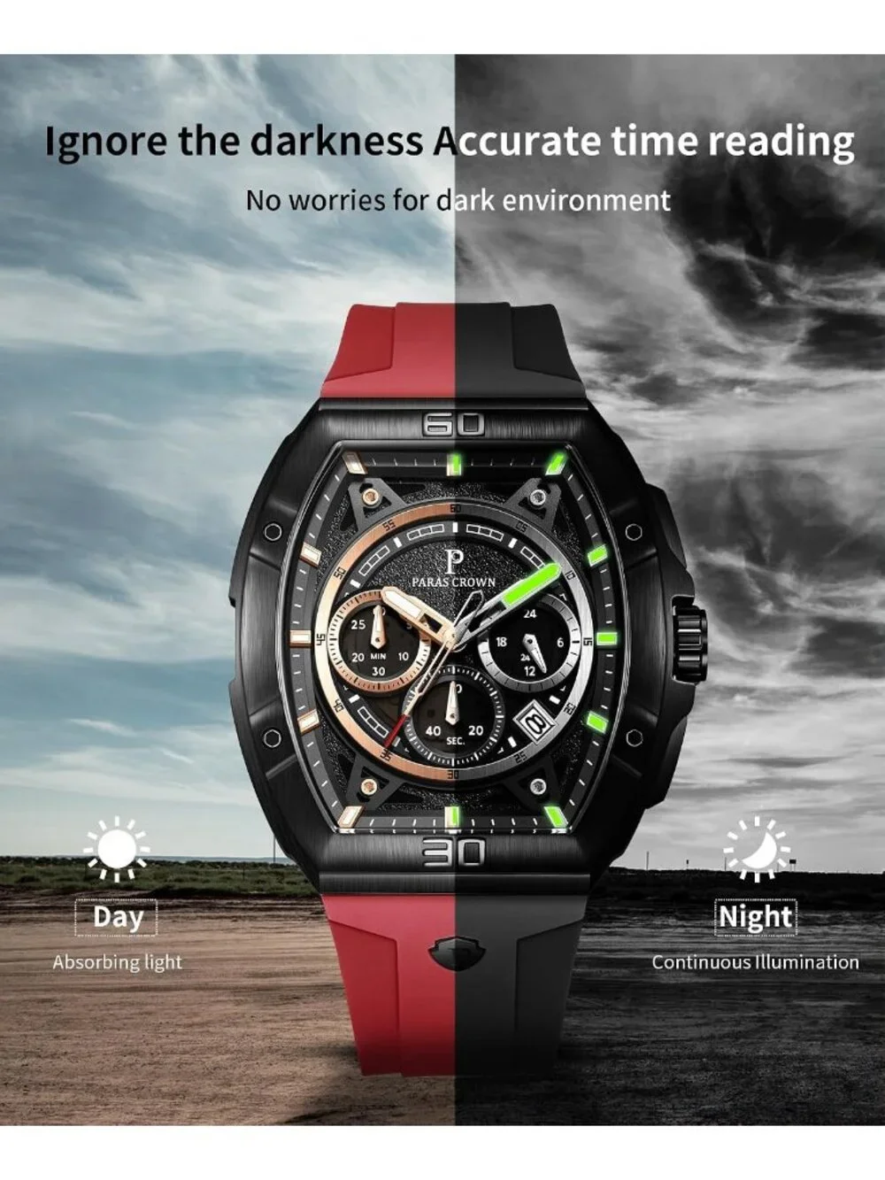 Men's Red Fashion 5ATM Waterproof Quartz Luxury Chronograph Analog Wrist Watches